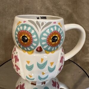 Owl Mug Natural Life Ceramic Cup Hand Painted Floral Bird Pottery Art Be Happy!